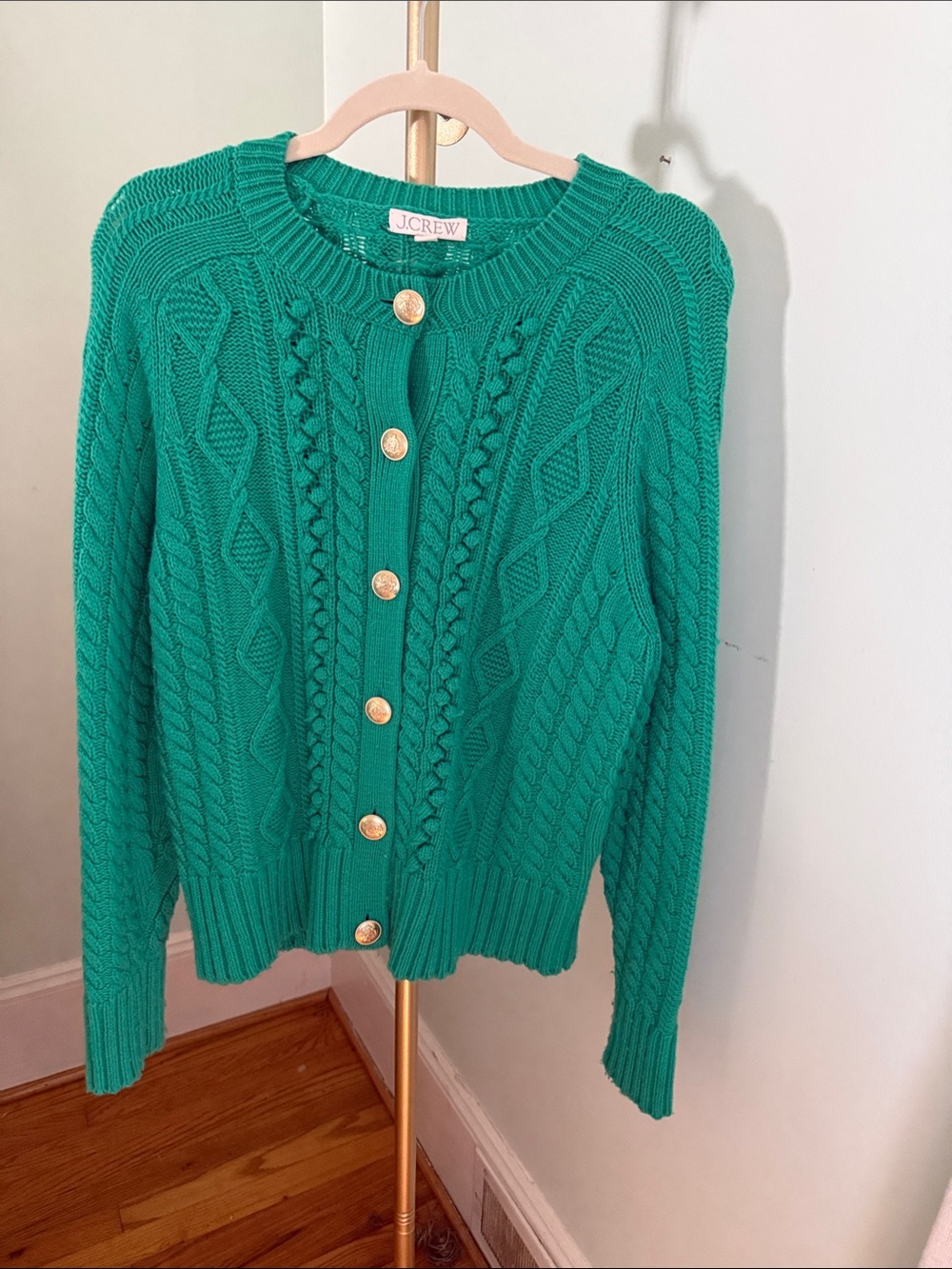 J. Crew Emerald Cable Knit Cardigan with Gold Buttons - Great for Holidays